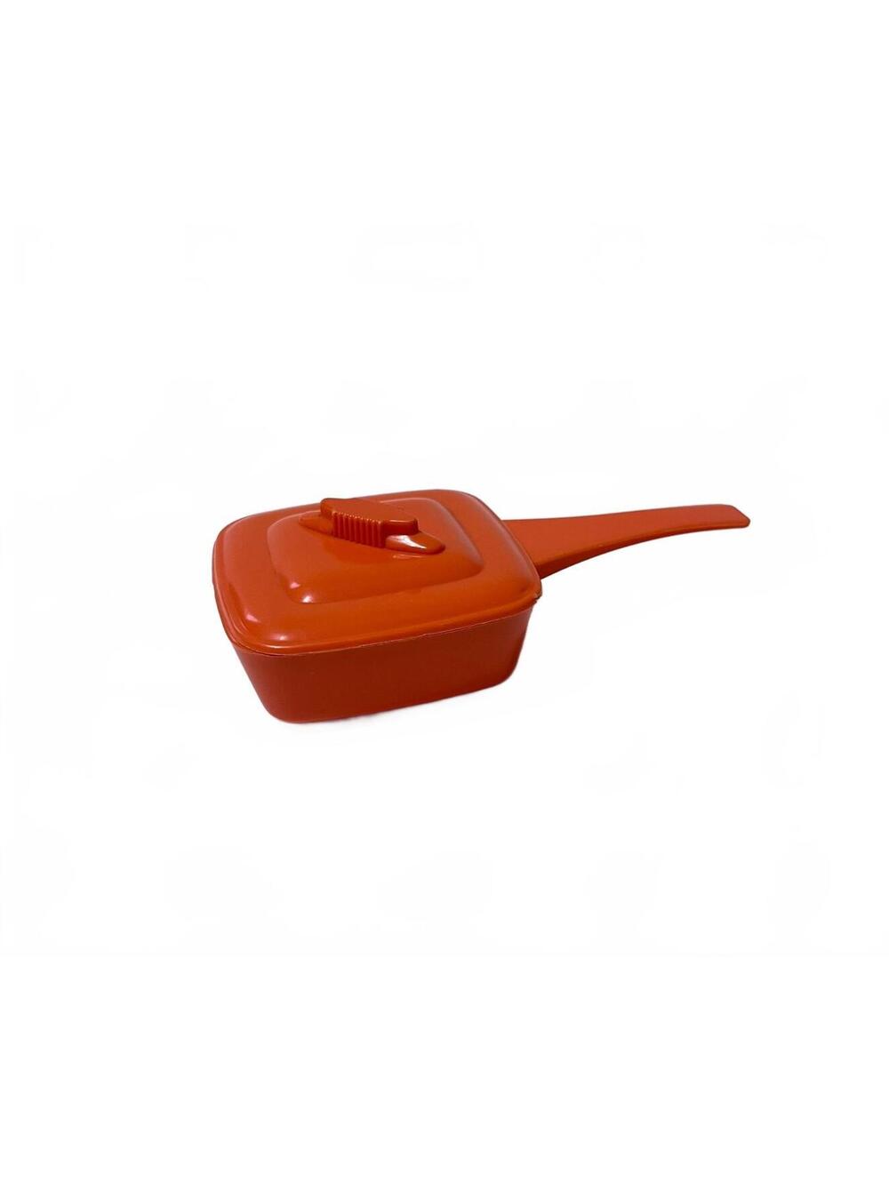 Vintage Irwin Toys Orange Plastic Square Play Pot Pan with Lid Pretend Kitchen